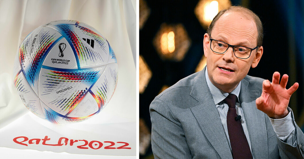 En fotboll framför en logga där det står Qatar 2022 och Lasse Granqvist när han medverkade i Carina Bergfeldts talkshow.