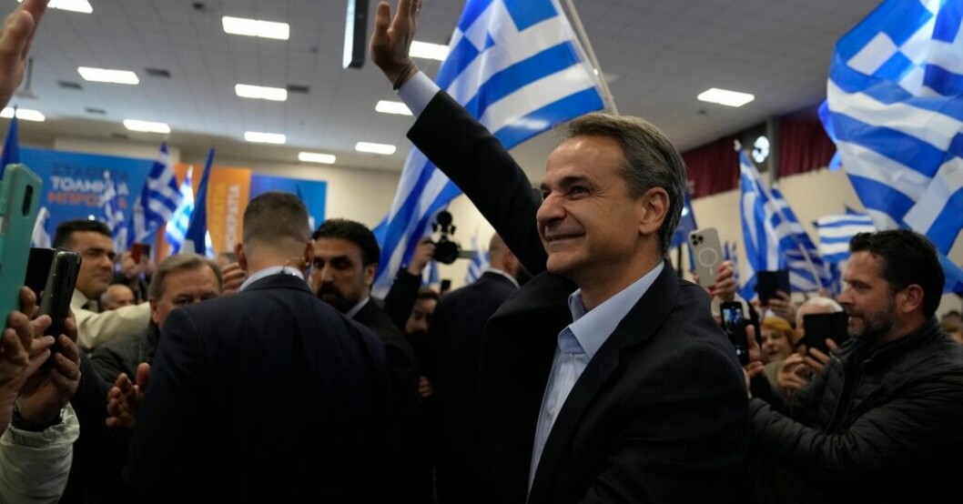 Greklands premiärminister Kyriakos Mitsotakis under ett valmöte i Volos förra veckan. Grekland går till val efter tågtragedin