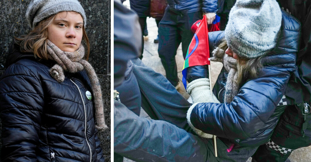 Greta Thunberg bortburen av polis från demonstration i Oslo.