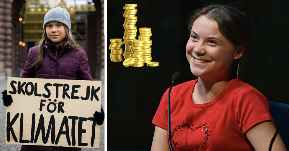 Greta Thunberg håller upp sin kända skylt där det står ”Skolstrejk för klimatet” till vänster och Greta skrattar till höger.