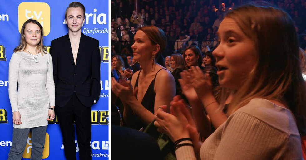 Greta Thunberg och Tristan Lundberg på Svenska Hjältar-galan och Greta när hon applåderar årets medmänniska.