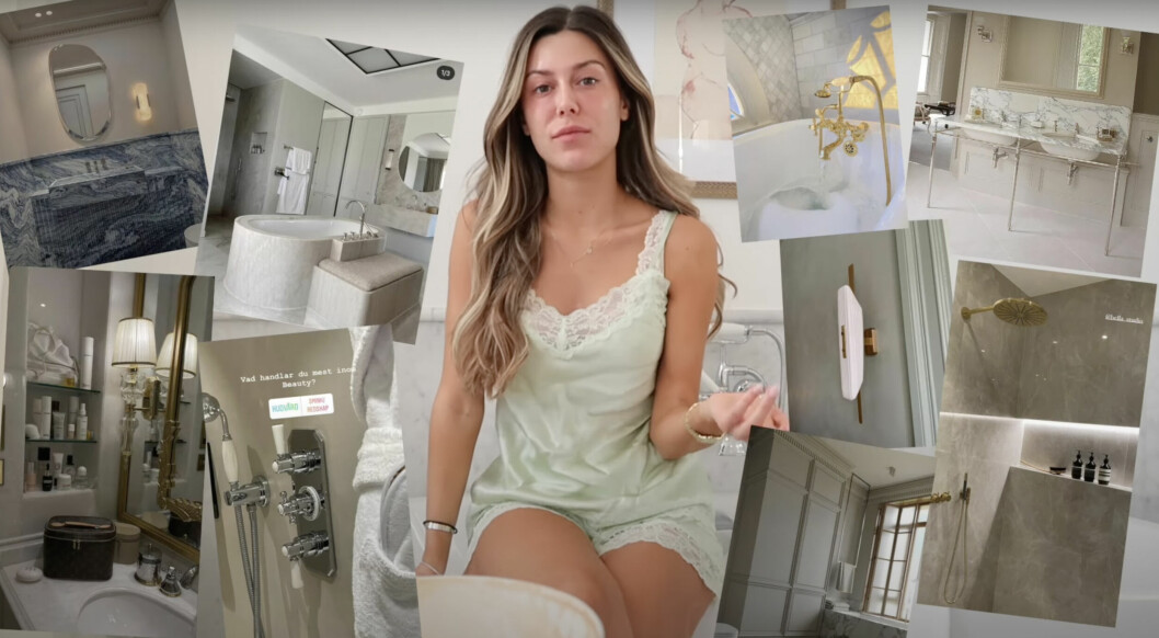 Här visar Bianca Ingrosso upp inspirationsbilderna för kommande badrumsrenoveringen i nyköpta lägenheten. Här visar Bianca Ingrosso upp inspirationsbilderna för kommande badrumsrenoveringen.