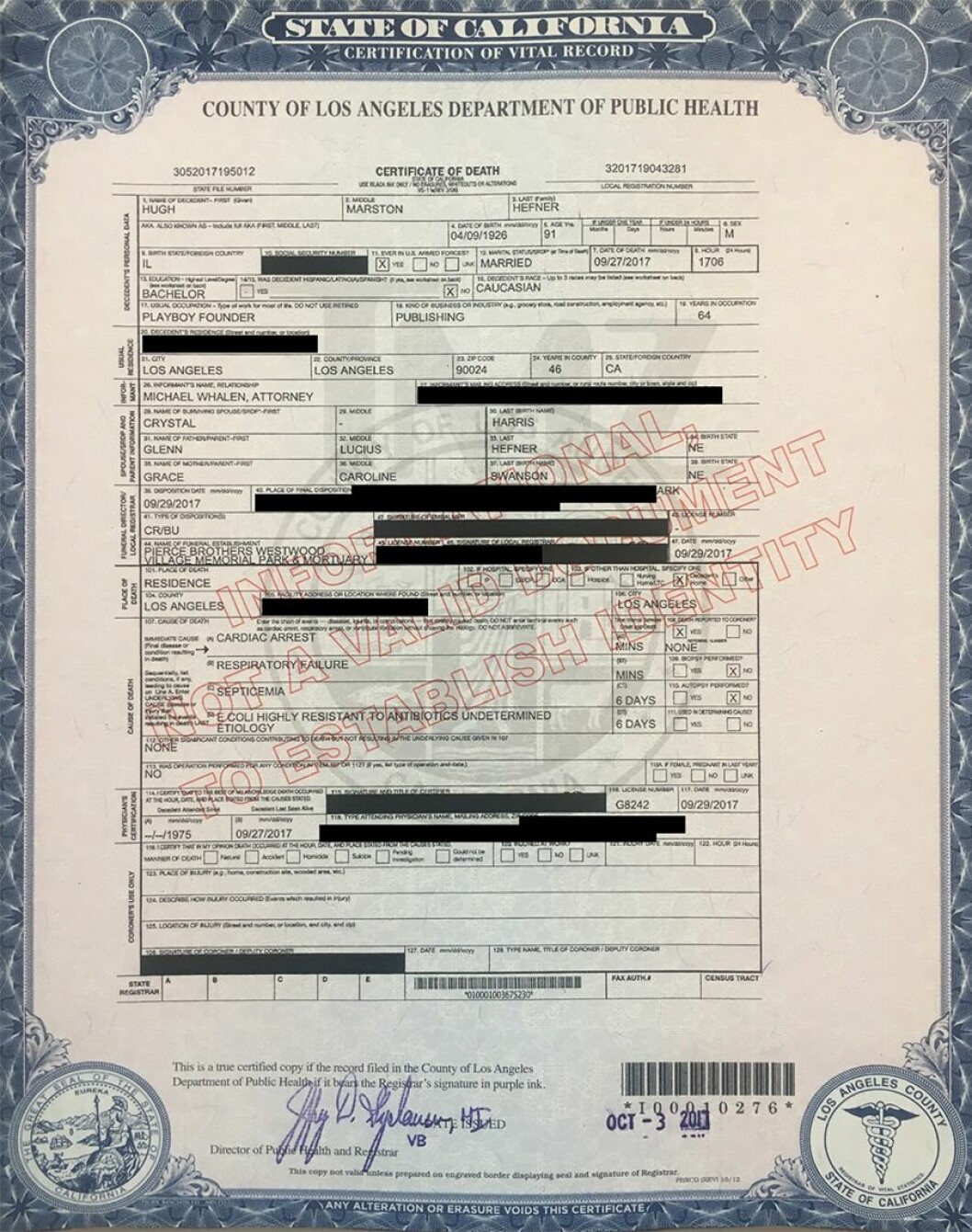 Rapport om Hugh Hefners död som släppts av amerikanska myndigheter. Rapport om Hugh Hefners död som släppts av amerikanska myndigheter.