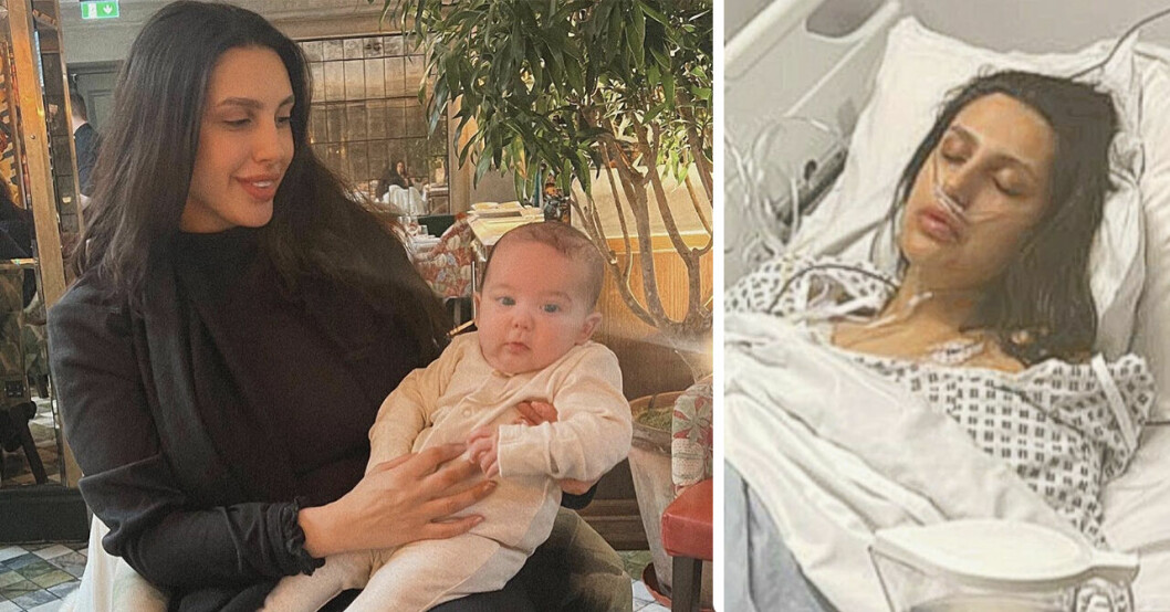 Zoe med sin dotter Ophelia och när hon ligger i sjukhussängen med andningsslangar.