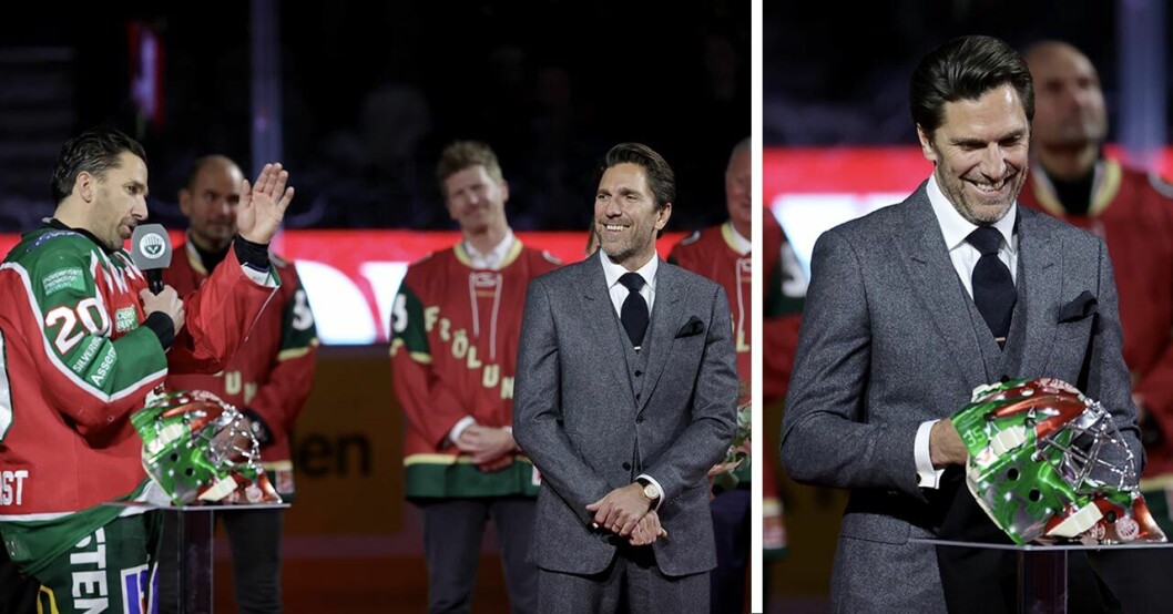 Joel och Henrik Lundqvist under hyllningen i Scandinavium.