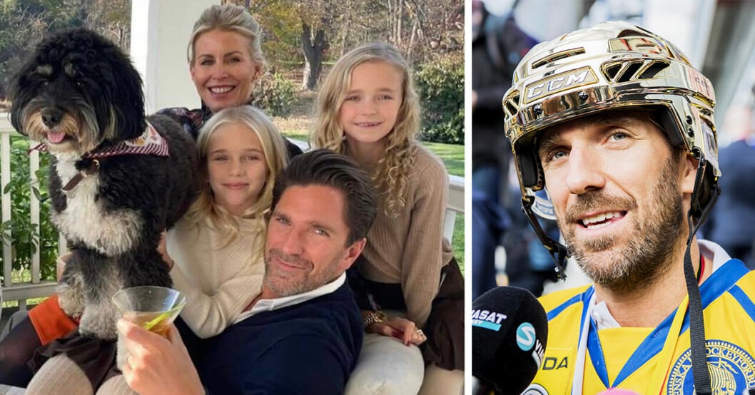 Henrik Lundqvist med frun Therese Andersson och barnen Charlise och Juli samt familjens hund på Thanksgiving och Lundqvist i guldhjälm till höger.