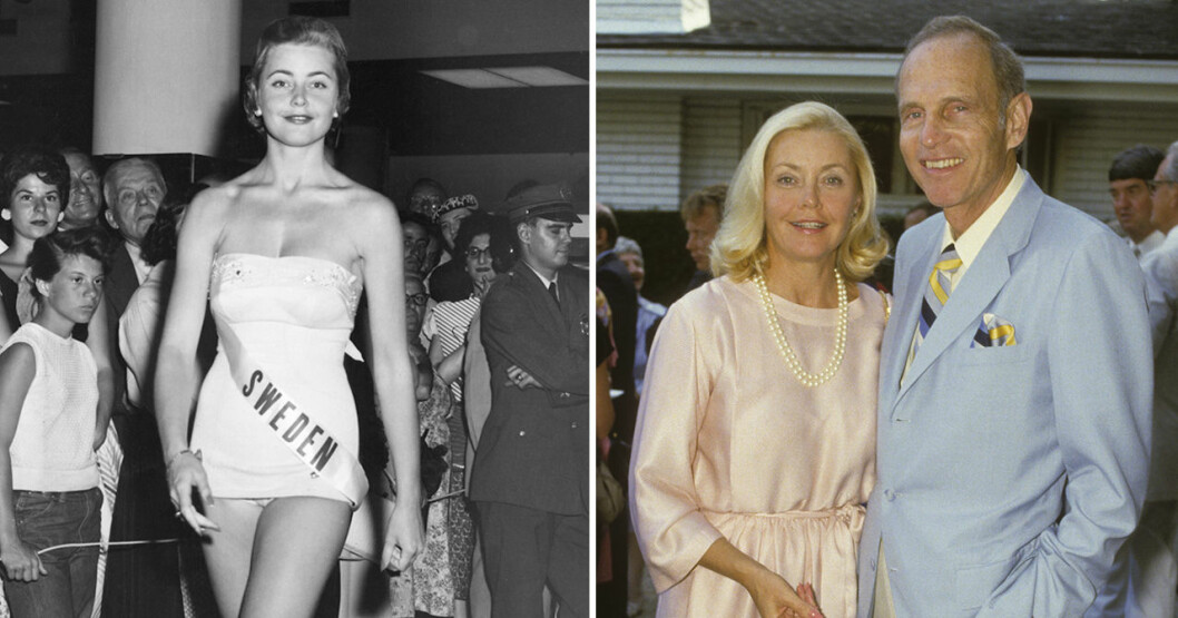 Hillevi Rombin som Miss Sweden 1955 och med sin make David 1984. Hillevi Rombin som Miss Sweden i Los Angeles 1955 och med sin make David 1984.