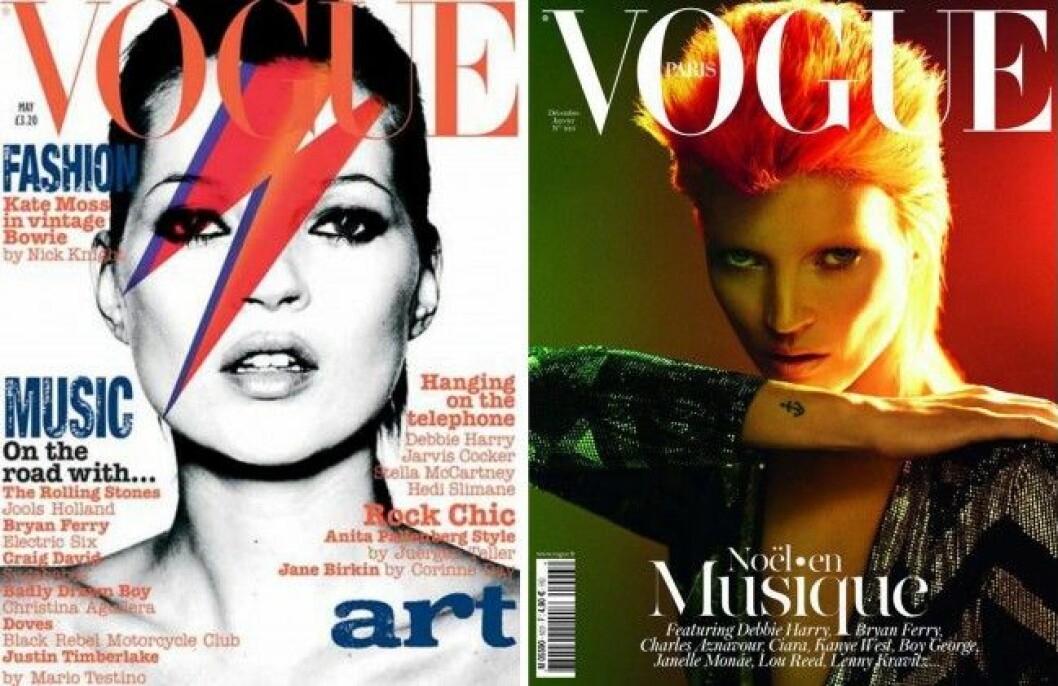 Kate Moss gjorde två olika omslag som David Bowie, ett för engelska Vogue och ett för franska Vogue. Foto: Vogue ianac-kate-moss-david-bowie-vogue.jpg