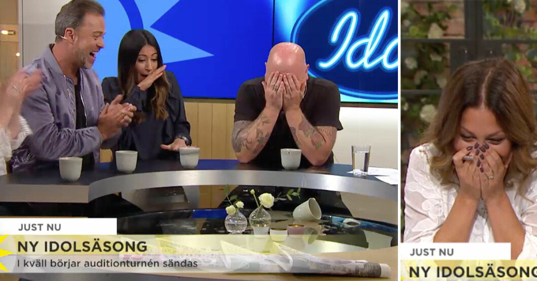 När Idoljuryn gästar Nyhetsmorgon utbryter fullständigt kaos när Bagge krossar sin kaffekopp. Foto: TV4.