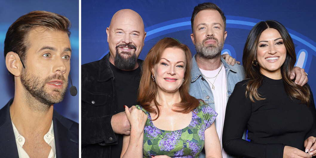 Idols programledare Pär Lernström och juryn Anders Bagge, Kishti Tomita, Alexander Kronlund och Nikki Amini.