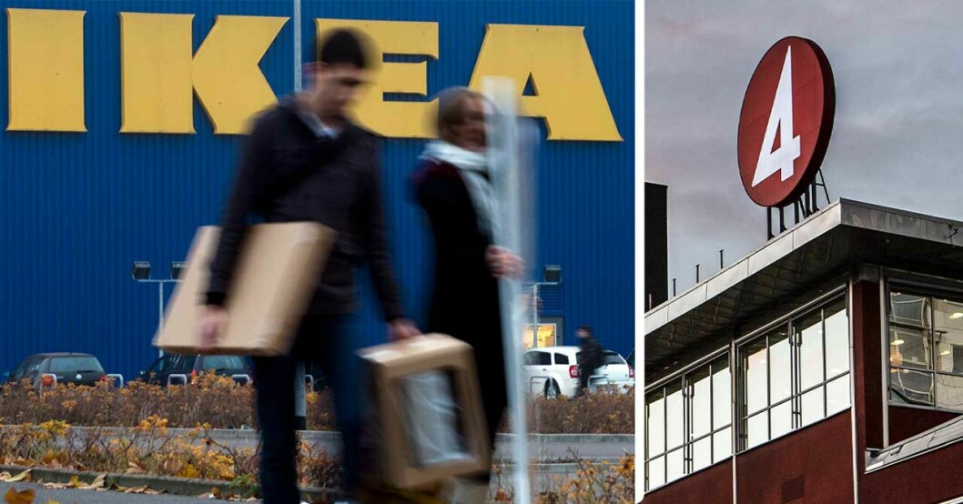 En man och en kvinna som går med varor utanför Ikea och TV4-loggan på taket på TV4-huset.