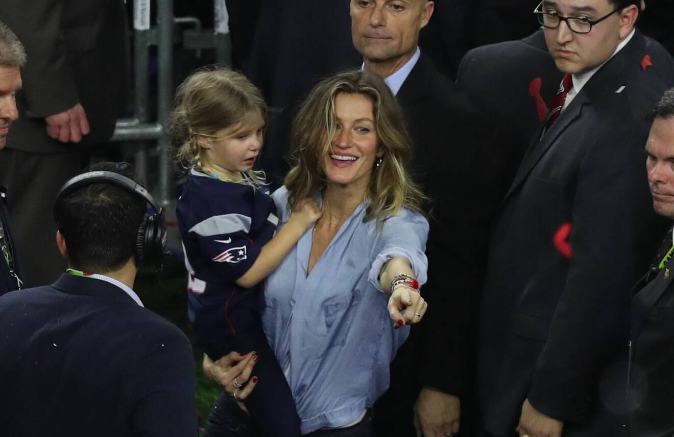 Tom Brady's wife Gisele Bundchen celebrates the New England Patriot's Super Bowl Victory with Tom Brady's daughter Vivian during Super Bowl 51 played at NRG Stadium Houston Texas on Sunday February 5th 2017