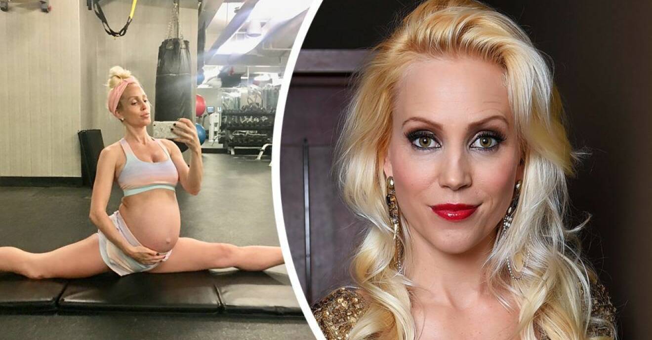 Svenska hollywoodfrun Caroline Grane avslöjar att hon ska föda sin son i yogaposition.