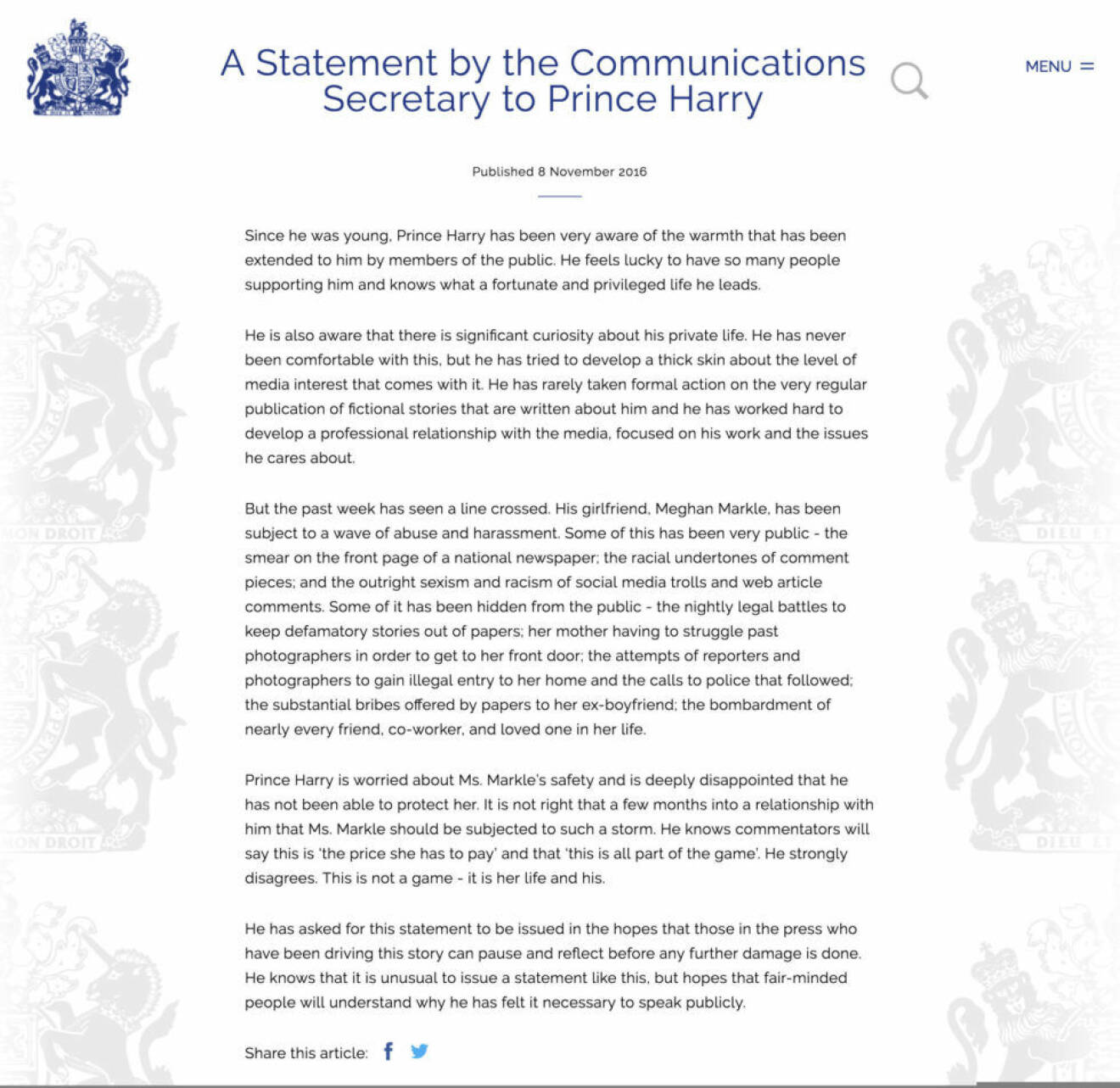 Prins Harrys skriftliga uttalande där han offentliggör sin relation med Meghan Markle samt uttrycker sin djupa besvikelse över att han inte kan skydda flickvännen från alla trakasserier i sociala medier.