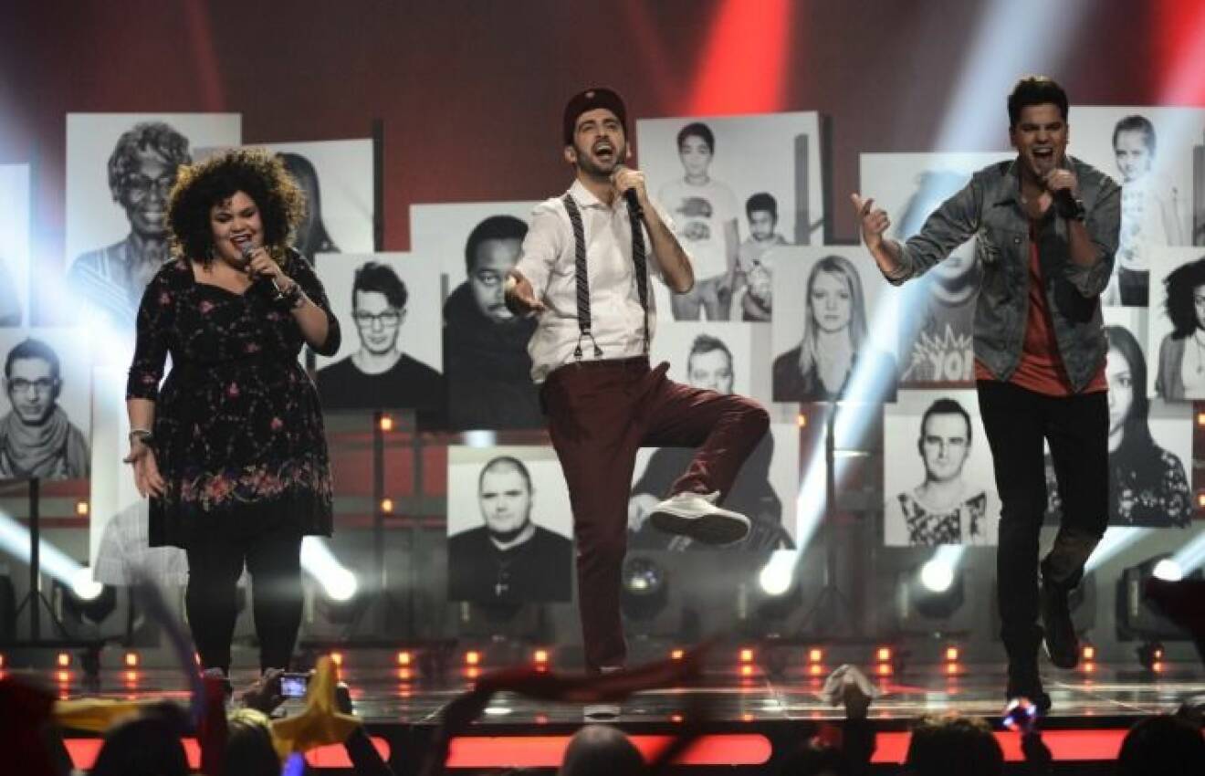 Loulou Lamotte, Behrang Miri och Oscar Zia i Melodifestivalen 2013. 