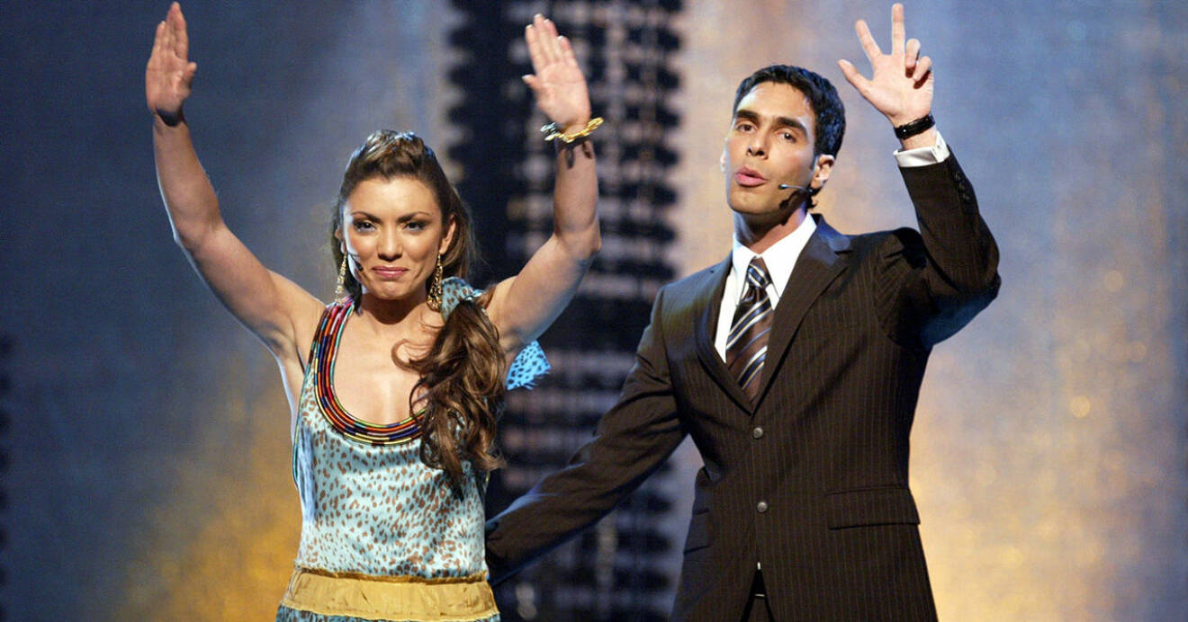 Alexandra Pascalidou och Shan Atci var Melodifestivalens programledare 2005.