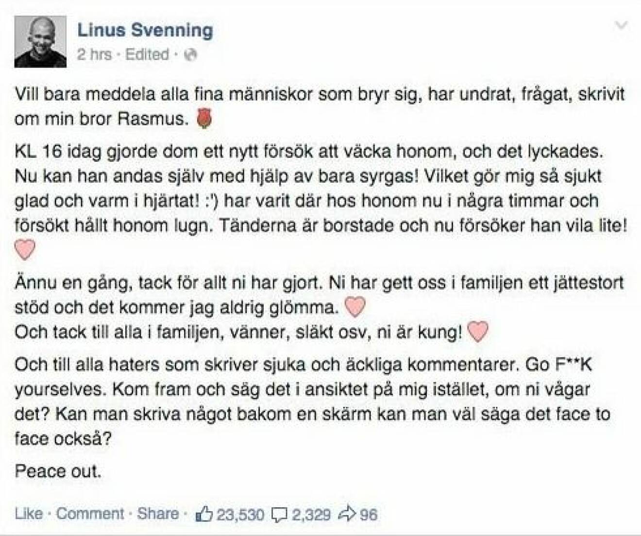 På Facebook skrev Linus om glädjebeskedet. Foto: Facebook