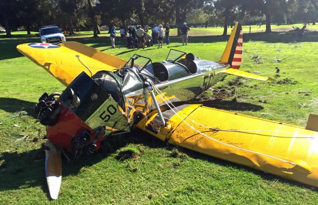 Harrison Ford crashes his plane on the Penmar Golf Course in Venice, CA