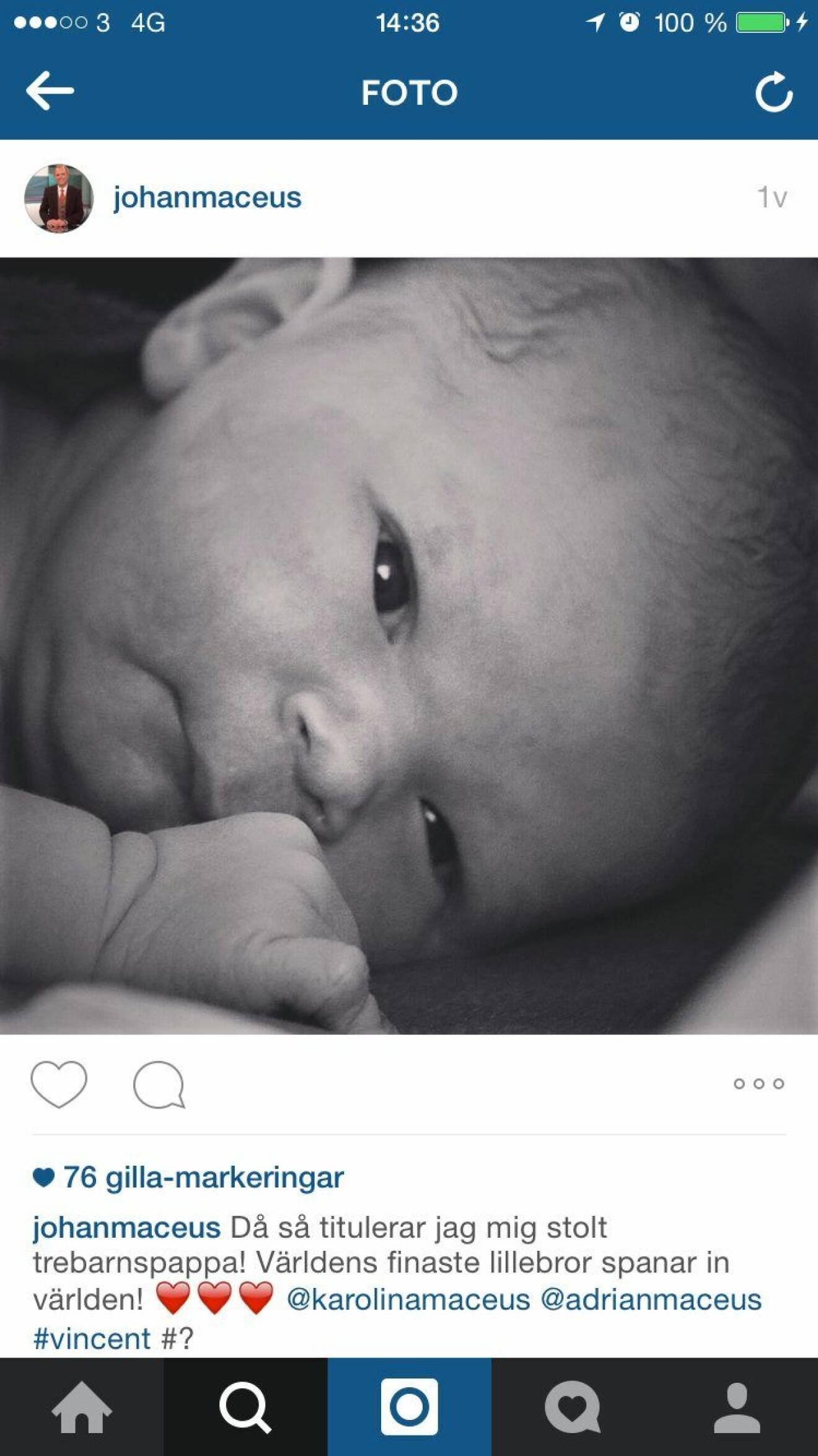 Johan Maceus skrev om babylyckan på Instagram.