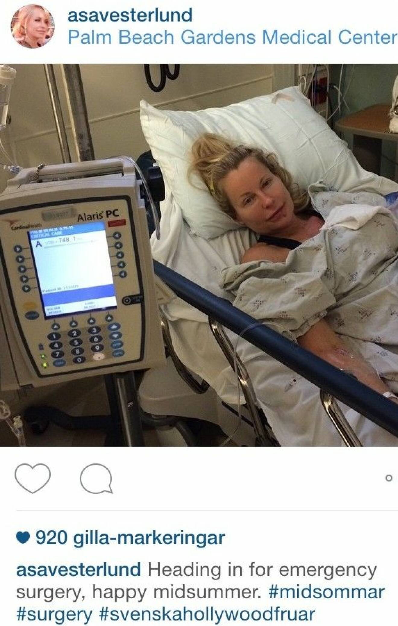 Åsa Vesterlund på sjukhuset Palm Beach Gardens Medical Center. Foto: Instagram