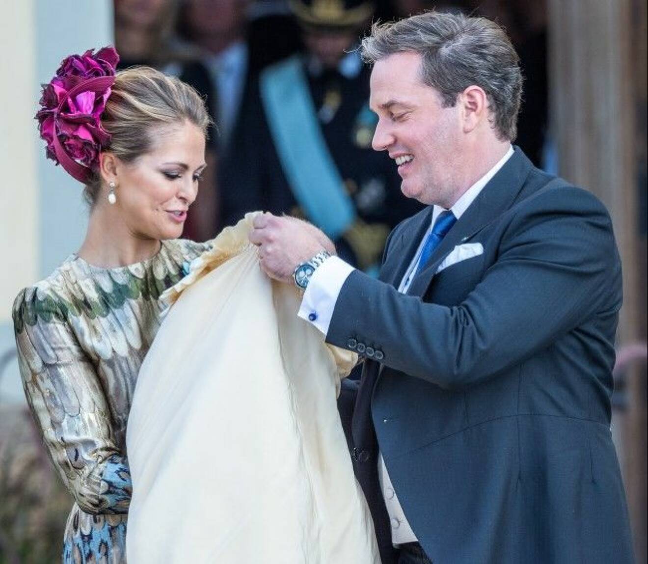 2015-10-11, Drottningholm Palace Church, Sweden In pic: Princess Madeleine, Christopher O'Neill, Prince Nicolas outside the church. Today was the baptism of Princess Madeleine and Christopher O'Neill's son - Prince Nicolas at the Drottningholm Palace Church. From the swedish royal family was also King Carl Gustaf, Queen Silvia, Crown Princess Victoria, Prince Daniel, Estelle, Prince Carl Philip and Princess Sofia attended. After the naming ceremony that began at 12:00 gave the royal couple a reception inside the Drottningholm Palace. Pictures of this event. All Over Press