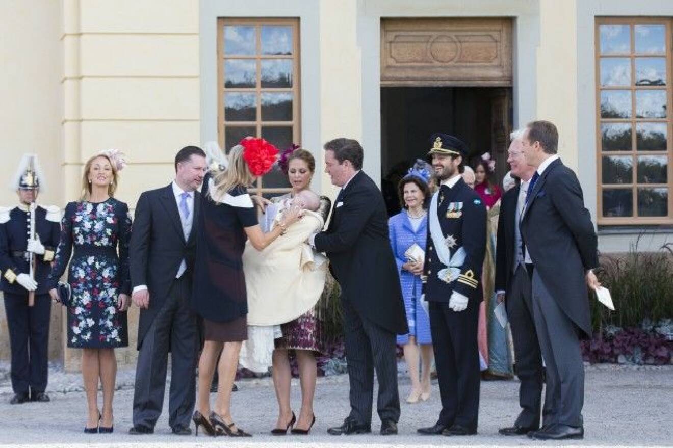 The royal christening of Princess Madeleine and Mr. Chris ONeill s son Prince NICOLAS Paul Gustaf of Sweden at Drottningholm Palace Chapel, October 11, 2015. Picture shows: Prince Nicolas with godparents Countess Natascha Abensperg und Traun, Prince Carl Philip, Mr Gustaf Magnuson, Mr Henry D'Abo, Mrs Katarina von Horn and Mr Marco Wajselfisz. COPYRIGHT STELLA PICTURES