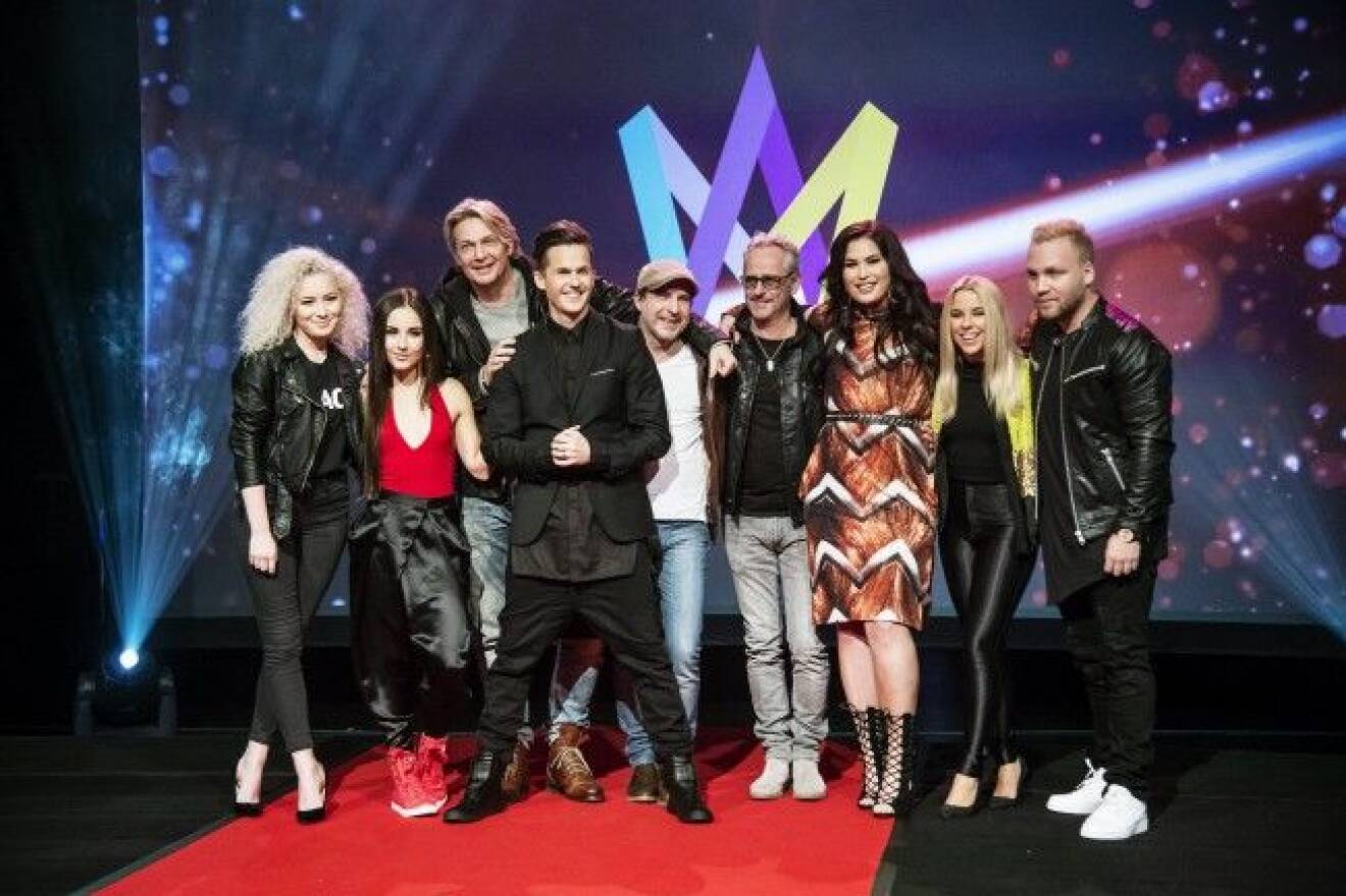 David Lindgren och övriga artister som tävlar i Melodifestivalens andra deltävling i Malmö 13 februari 2016.