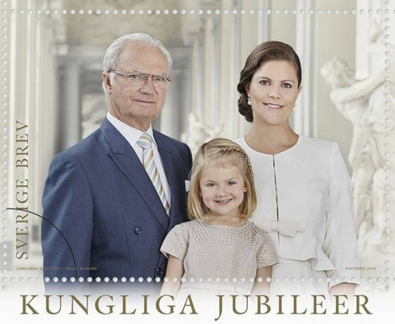 NO CREDIT - New photos of the Swedish royal family stamps have been released with Princess Estelle. The adorable youngster poses with her mum Crown Princess Victoria, who is first-in-line to the throne, and her grandfather King Carl XVI Gustaf, who is Sweden's current monarch. The photos were released to celebrate Estelle's fourth birthday, which took place on Tuesday. They also mark King Carl's upcoming 70th birthday, which is in April. Carl Gustav de Suede;Victoria de Suede;Estelle de Suede IBL *** Local Caption *** 7.07752652