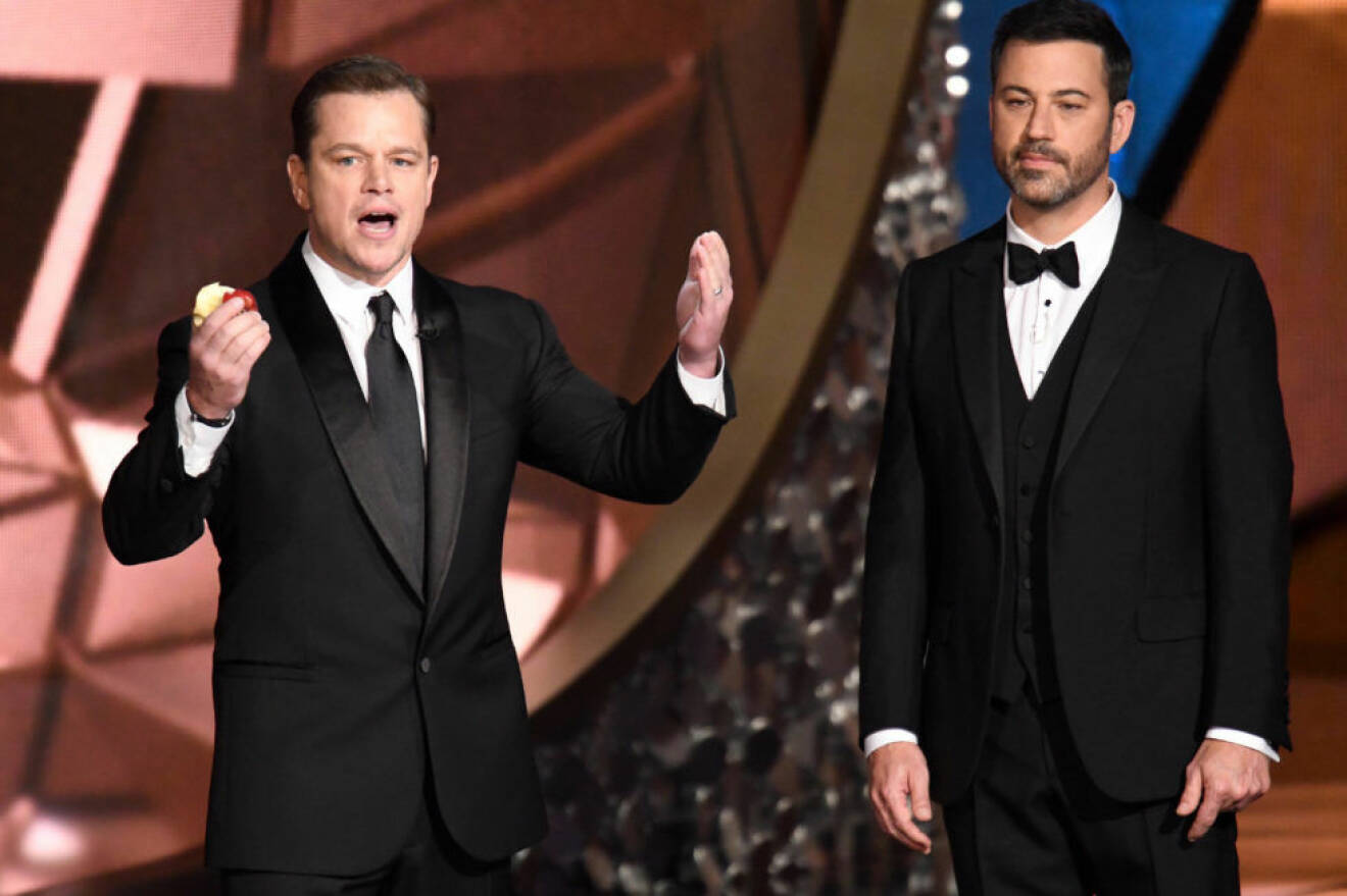 6099759 Sep 18, 2016; Los Angeles, CA, USA; Matt Damon appears with Jimmy Kimmel during 68th Emmy Awards at the Microsoft Theater. Mandatory Credit: Robert Hanashiro-USA TODAY *** Please Use Credit from Credit Field *** COPYRIGHT STELLA PICTURES