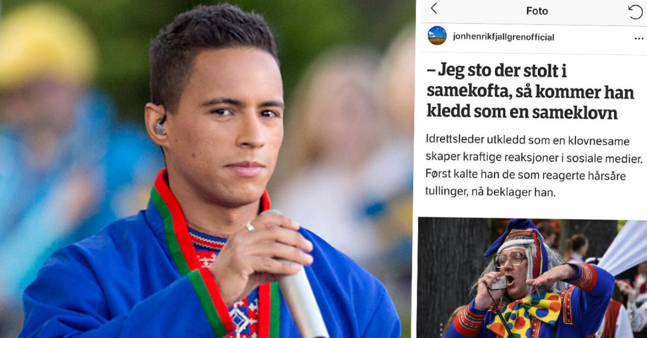 Jon Henrik Fjällgren har reagerat på att en norsk idrottsprofil har klätt sig likt en clown i samernas dräkt kolten.
