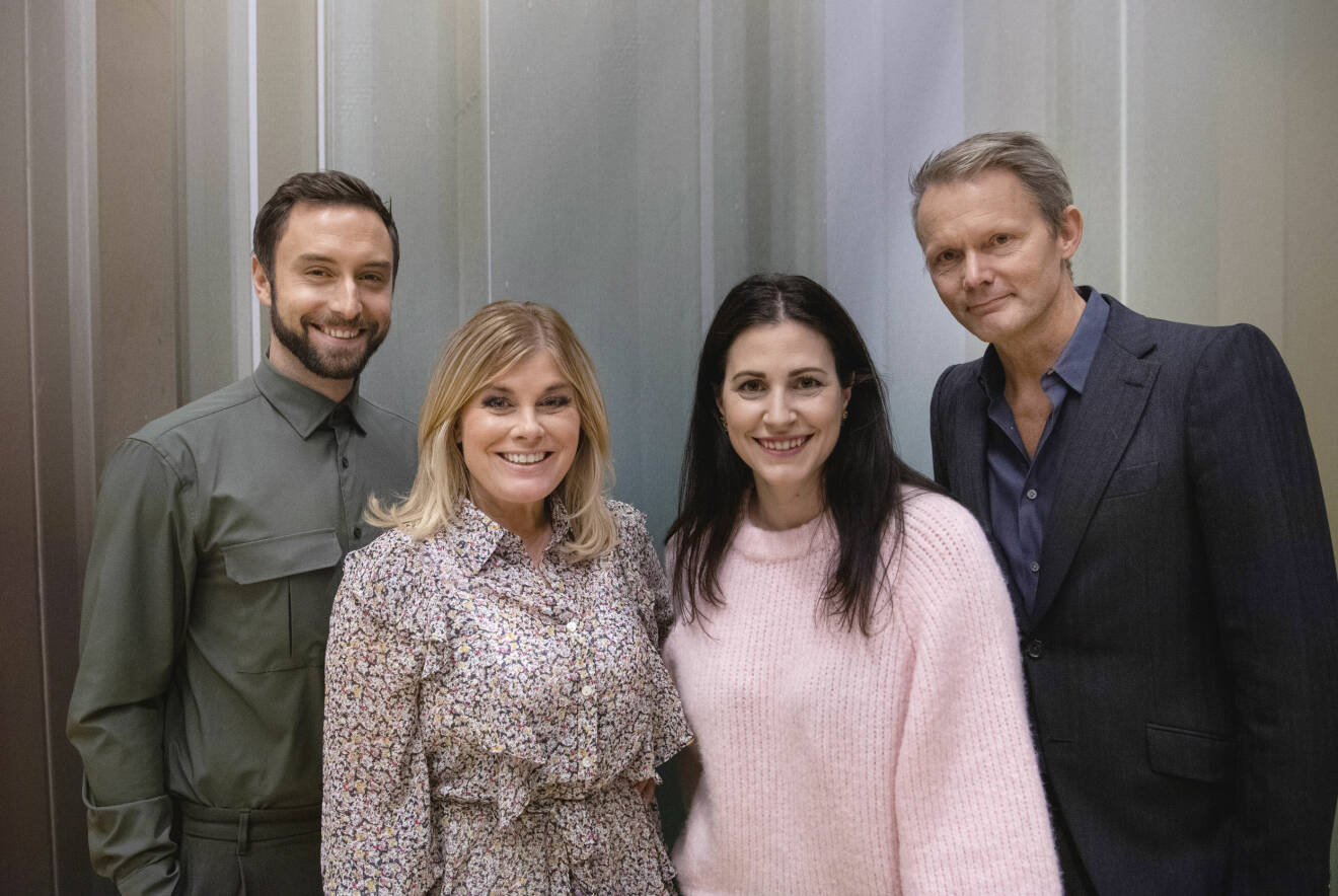 Måns Zelmerlöv, Pernilla Wahlgren, Nour el Refai och Felix Herngren panelen i programmet Masked singer på TV4. 2020