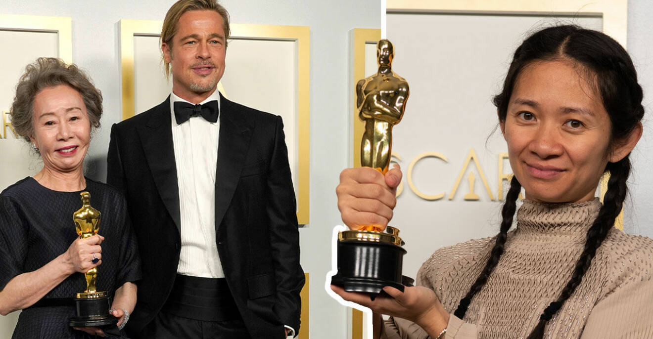 Brad Pitt, Yuh-Jung Youn &amp; Chloé Zhao poserar på röda mattan Oscarsgalan 2021.