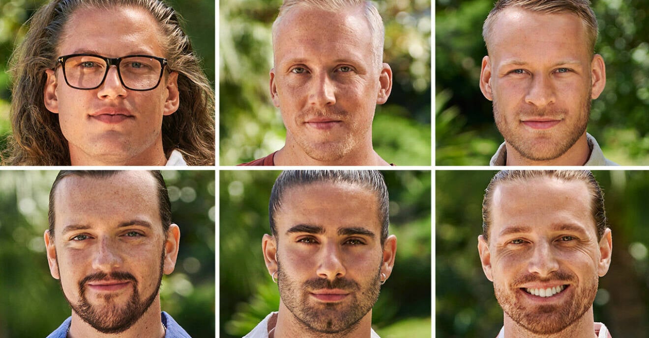 Felix Almsved, Jesper Guldbrandsen, Pontus Bäck, Filiph Idéhn, Angelo Jovic och Marcus Lennartsson i Bachelorette 2021.