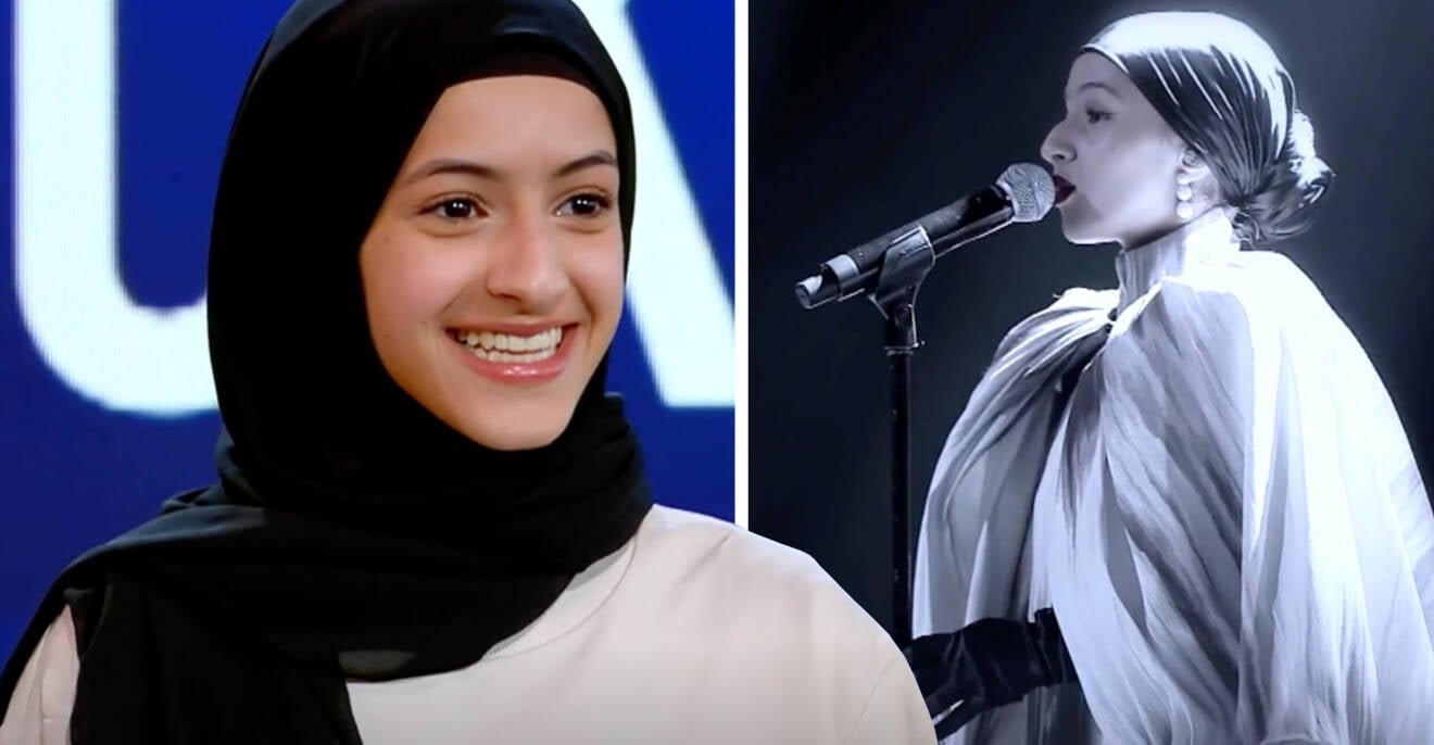 Idol-Amena Alsameai i vit sewatshirt och svart slöja.