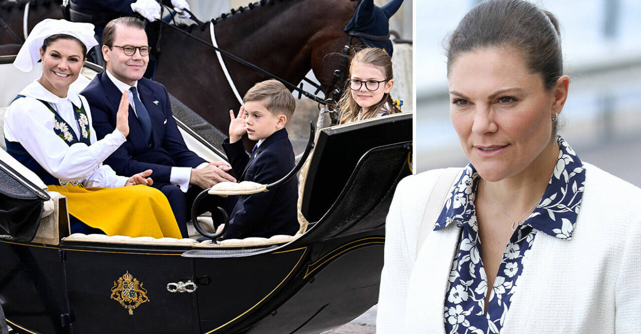 Kronprinsessan Victoria har en vit kavaj och blå blus.