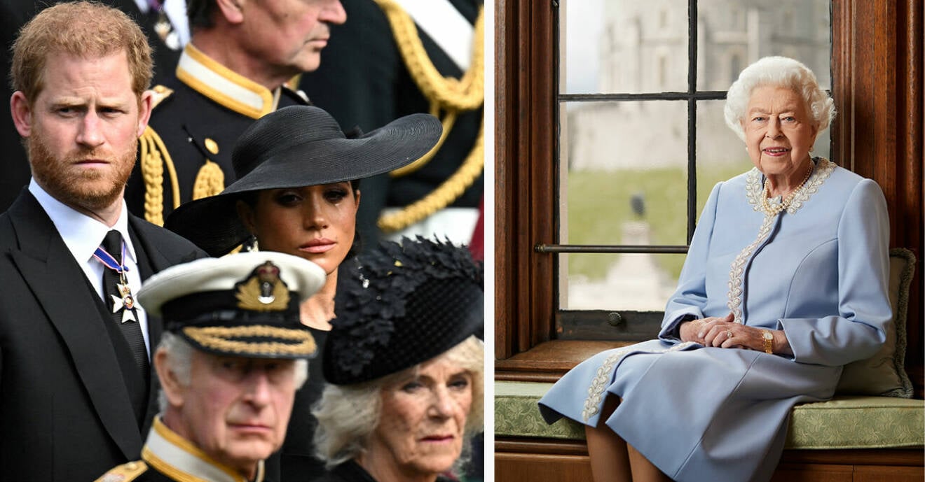 Drottning Elizabeth, prins Harry, Meghan, Charles och Camilla.