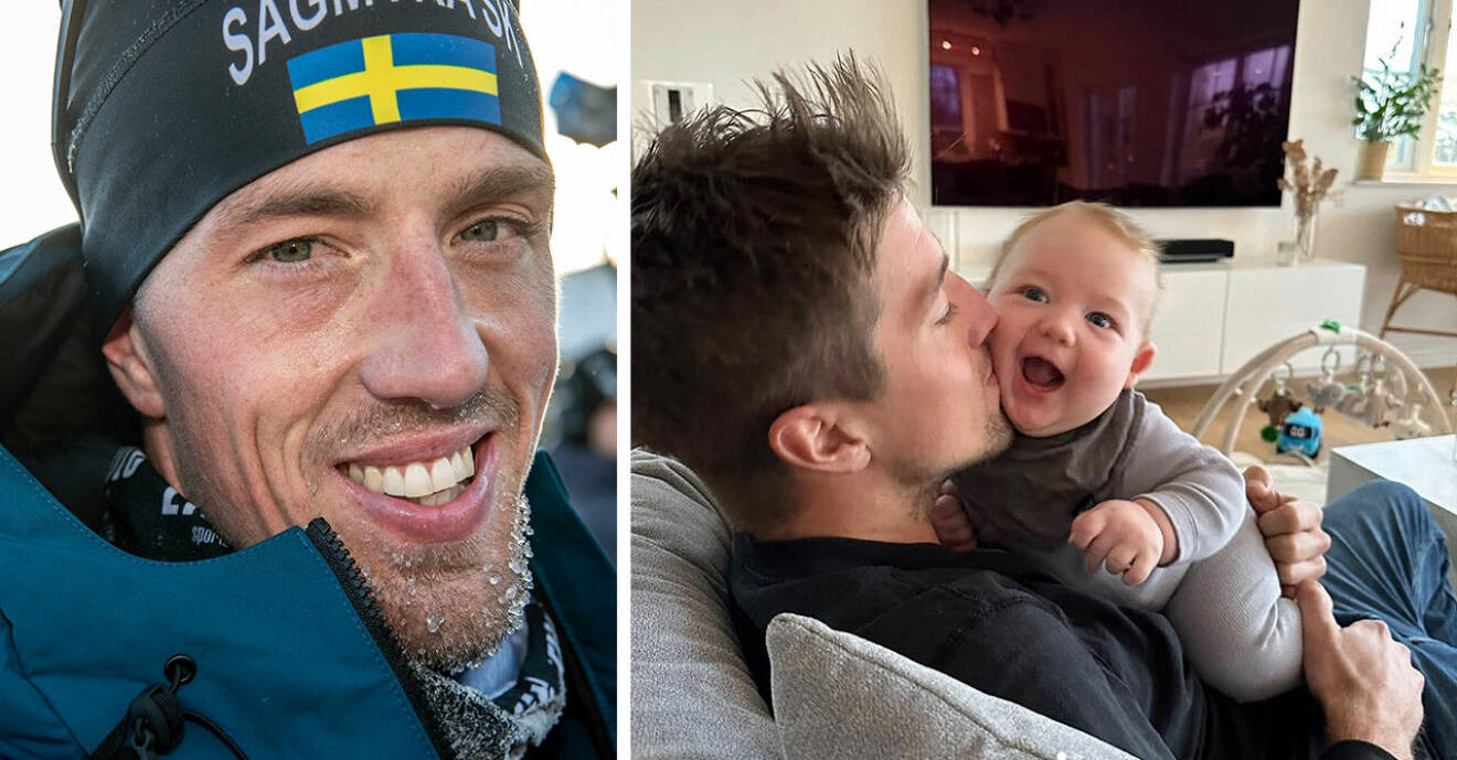 Calle Halfvarsson ler in i kameran till vänster och pussar sin son på kinden till höger.