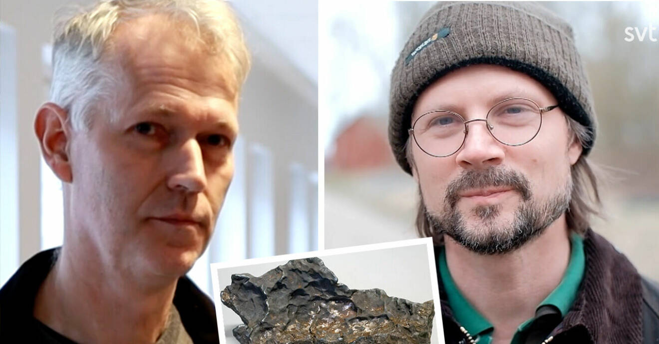 Anders Zetterqvist och greve Johan Benzelstierna von Engeström samt meteoriten som de har en konflikt om.