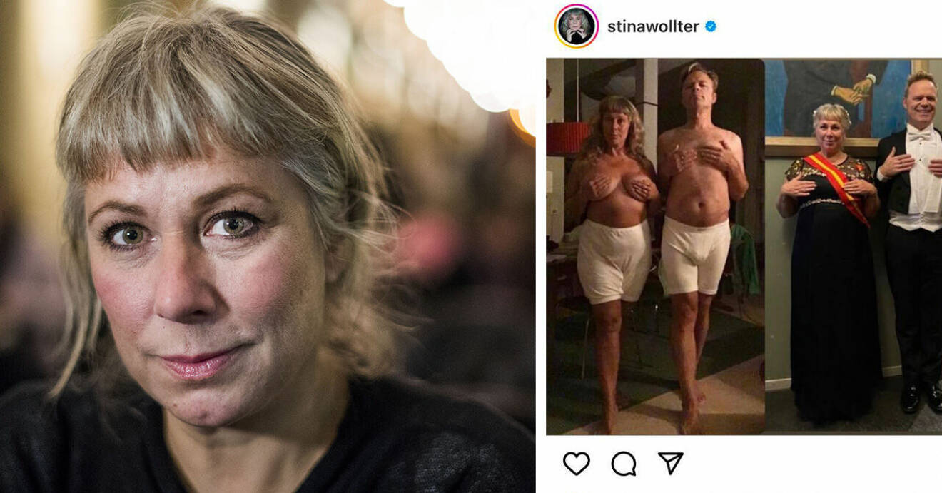 Stina Wollter och ett Instagraminlägg med Stina Wollter och hennes man Micke Olsson Wollter som poserar i vita shorts samt finklädda i långklänning och frack.
