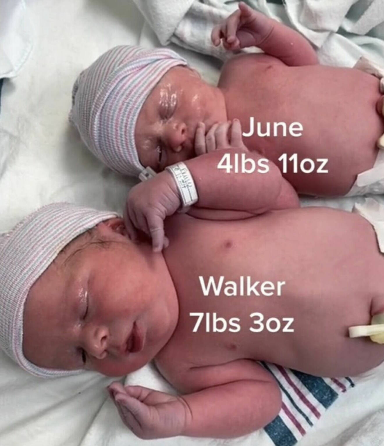 Första bebisbilderna. Walker är uppenbart mycket större än sin syster redan från födseln.