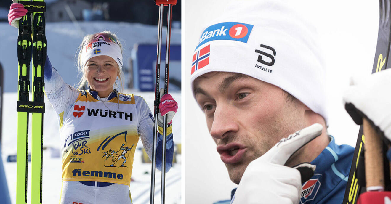 Frida Karlsson håller i sina skidor och stavar och likaså Petter Northug.