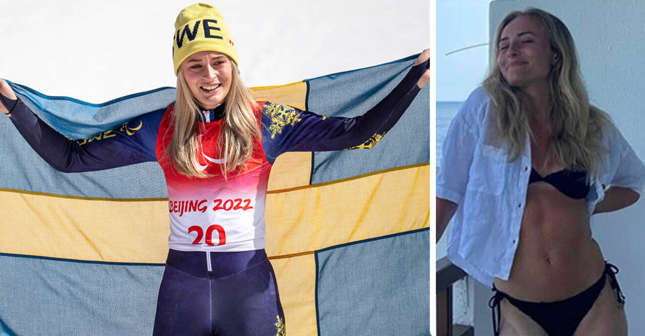 Ebba Årsjö håller upp en svensk flagga bakom sig och till höger poserar hon i bikini.