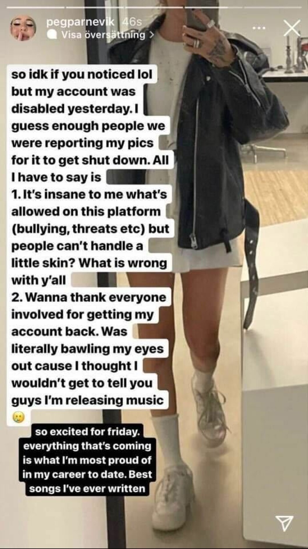 Peg Parnevik beskriver hur hennes konto blev inaktiverat på Instagram