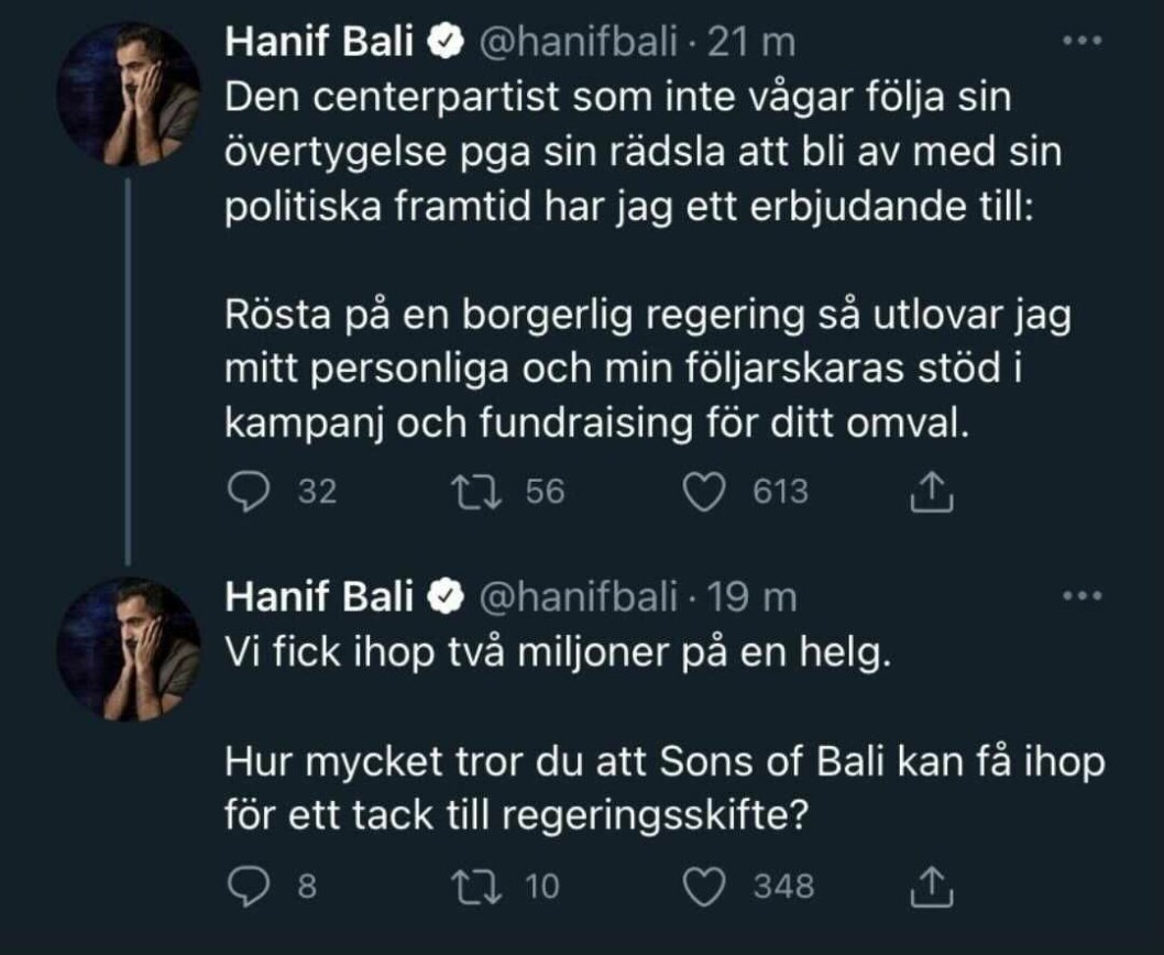 En skärmdump som togs innan riksdagsledamoten raderade sina tweets – och sitt erbjudande.
