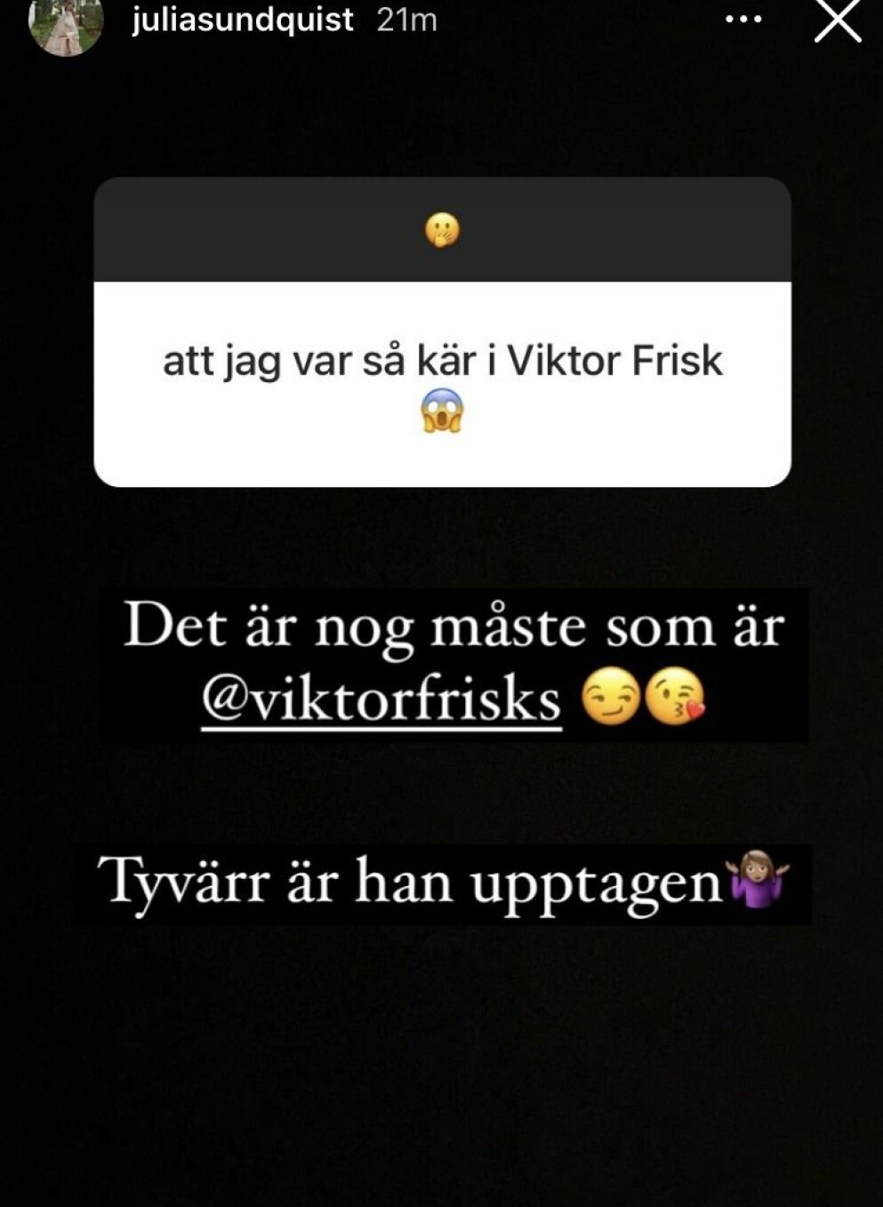 Julia Sundquist följare på Instagram avslöjar att hen har varit kär i Viktor Frisk.