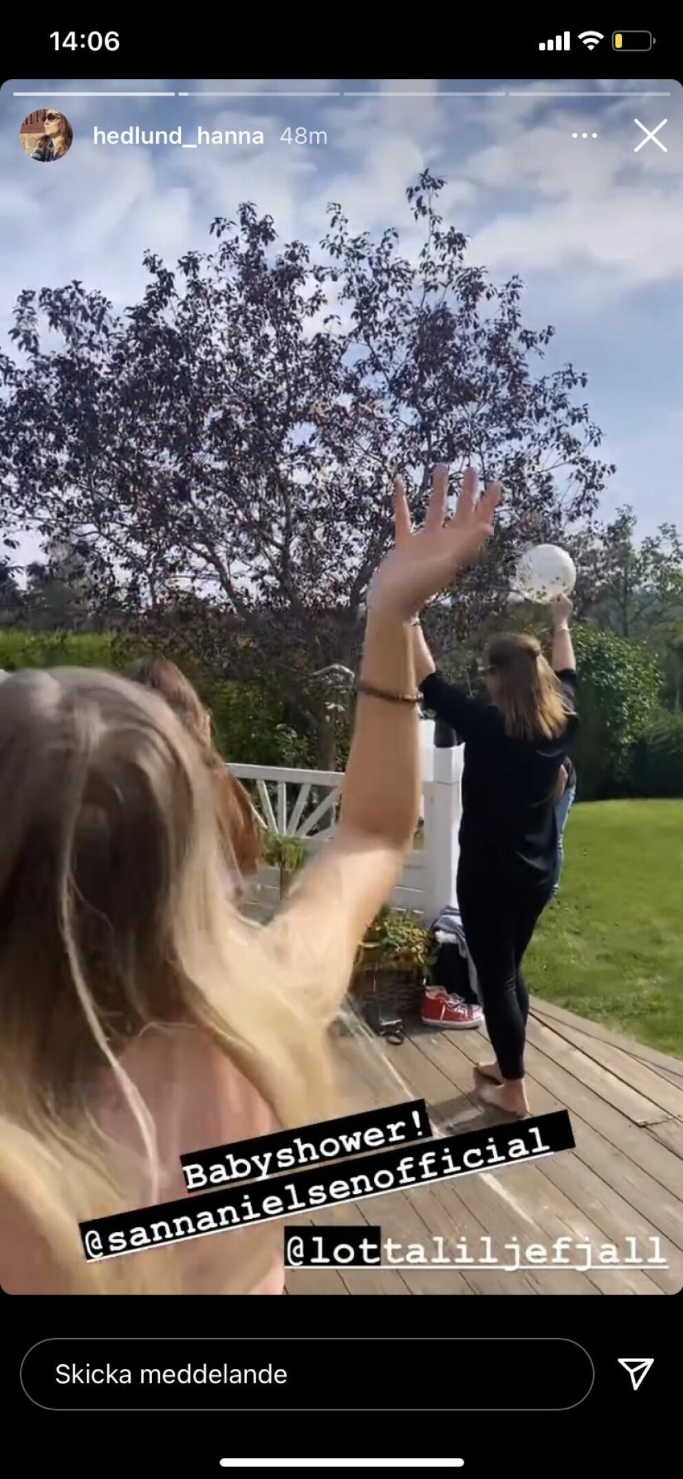 Hanna Hedlunds Instagram story från Sanna Nielsens babyshower.