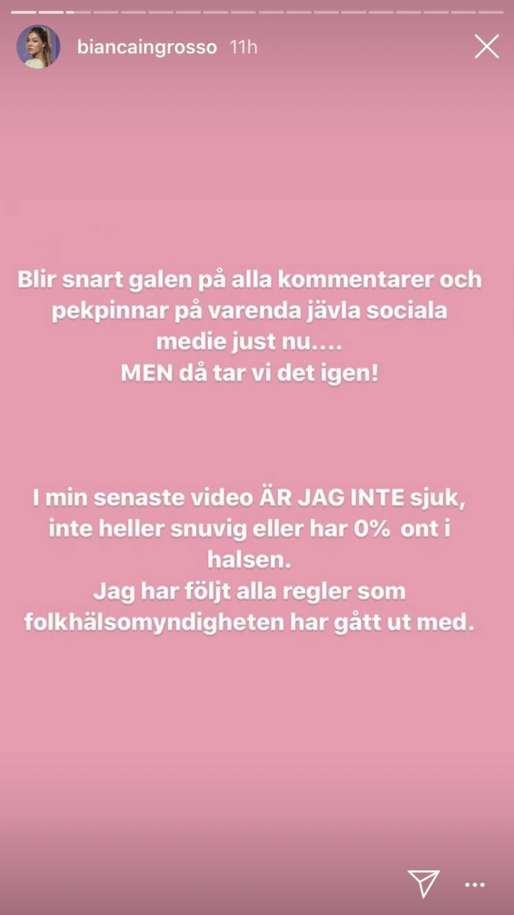 Bianca bemöter kritiken i en uppdatering på Instagram story. Foto: Instagram. Bianca Ingrossos Instagram-updatering