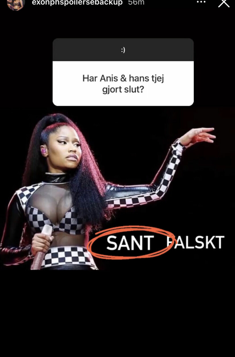 Vanessa "Nessa" Elie driver Sveriges största spoilerkonto på Instagram vid namn Exonphspoilerse. På bilden skriver hon att Anis Don Demina och Filippa Toremo har gjort slut.