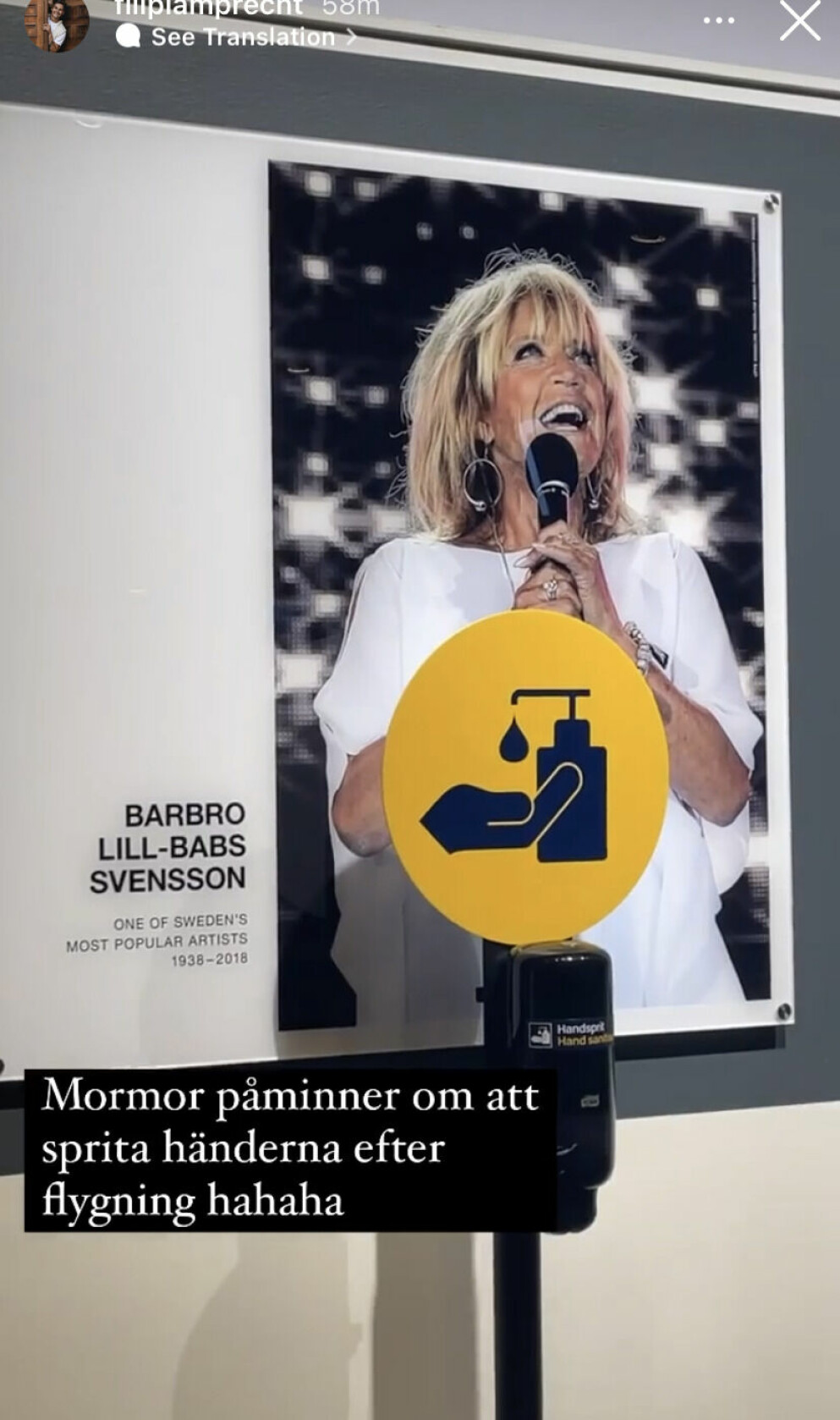 Filip Lamprecht senaste Instagram-story är en bild från Arlanda flygplats på sin bortgångna mormor Barbro Svensson.