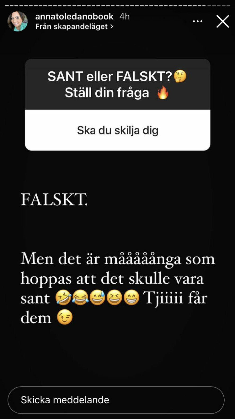 Skärmdump från Annas frågestund på Instagram.